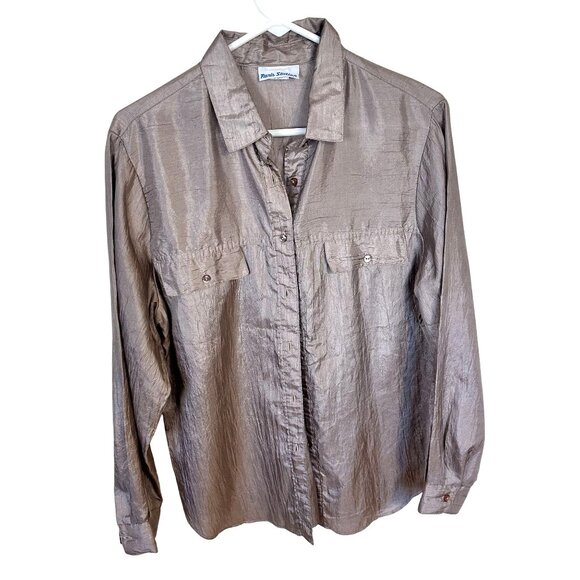 Vtg Womens Champagne Blouse Paris Station Metallic Silver Button Up Shirt Large - Picture 1 of 7